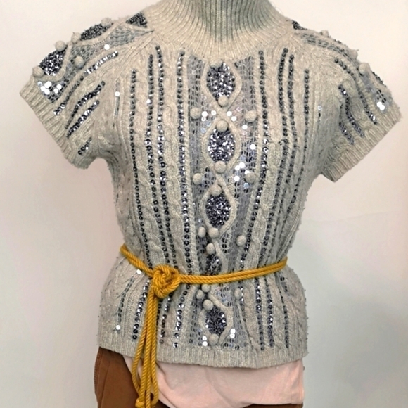 Y2k Vintage Light Grey Pewter Sequins Cable Knit Cap Sleeve Pullover Sweater - Picture 14 of 14